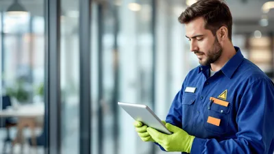 A focused and professional cleaning service technician, wearing a uniform, working within a commercial office setting, holding a tablet where he's utilizing field service software to manage the work order.