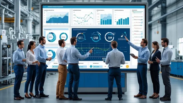 Engineers and technicians analyzing data on a large touchscreen in a modern factory with advanced machinery.
