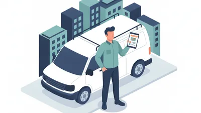 Solo field service operator scheduling a job from a phone beside a service van