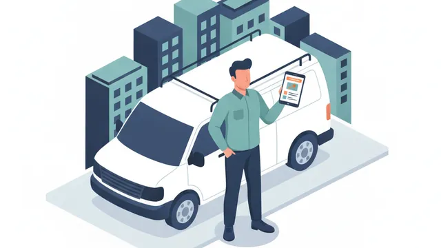 Solo field service operator scheduling a job from a phone beside a service van