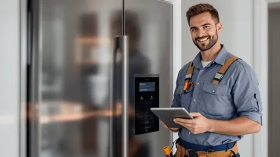 A focused appliance repair technician, wearing a uniform and tool belt, stands beside a built-in fridge & freezer in a luxury home, holding a tablet where he's utilizing field service software to manage the work order.