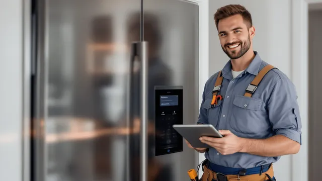A focused appliance repair technician, wearing a uniform and tool belt, stands beside a built-in fridge & freezer in a luxury home, holding a tablet where he's utilizing field service software to manage the work order.