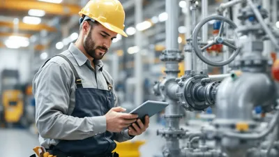 A focused and professional plumber technician, wearing a uniform and toolbelt, stands beside a commercial water valve inside a manufacturing facility, holding a tablet where he's utilizing field service software to manage the work order.