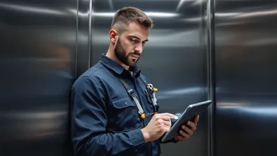 A focused and professional elevator repair technician, wearing a uniform and tools, standing in an elevator, holding a tablet where he's utilizing field service software to manage the work order.