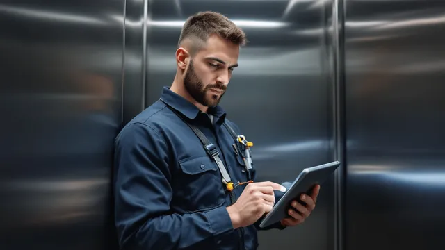 A focused and professional elevator repair technician, wearing a uniform and tools, standing in an elevator, holding a tablet where he's utilizing field service software to manage the work order.