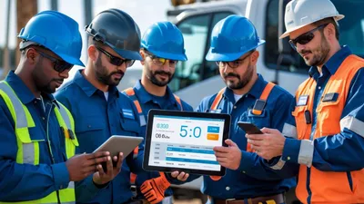 Five field service workers using digital devices to track time and tasks at various outdoor work sites.