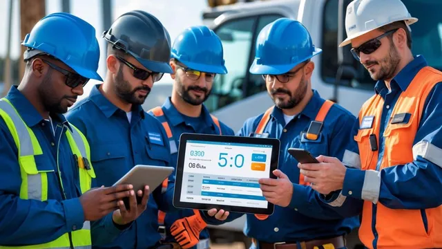Five field service workers using digital devices to track time and tasks at various outdoor work sites.