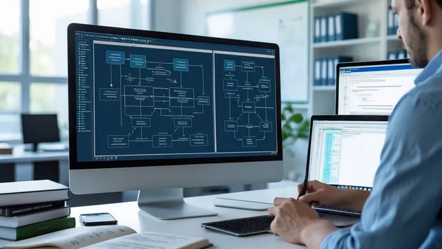 A modern workspace with a computer showing flowcharts and diagrams, a laptop, notebooks, and a person's hands working on software development.