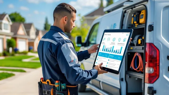 Field service technician using a tablet next to a service van in a suburban neighborhood.