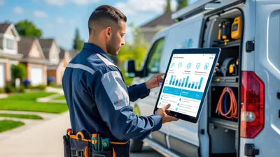 Field service technician using a tablet next to a service van in a suburban neighborhood.