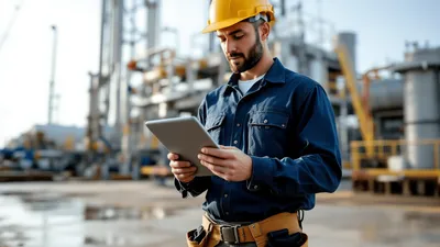 A focused and professional oil and gas technician, wearing a uniform and toolbelt, stands a modern fracking well in texas, holding a tablet where he's utilizing field service software to manage the work order.