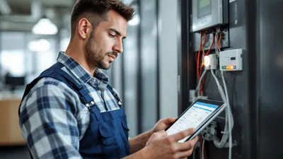A focused and professional security and fire safety service technician, wearing a uniform, working within a commercial office setting checking the wiring of an alarmed doorway, holding a tablet where he's utilizing field service software to manage the work order.