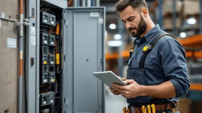 A focused electrical services technician, wearing a uniform and toolbelt, stands beside commercial electrical breaker inside a warehouse, holding a tablet where he's utilizing field service software to manage the work order.