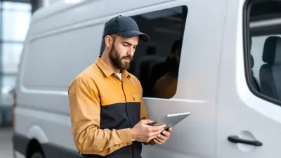 A focused automotive fleet repair mechanic, wearing a uniform, stands beside a white unmarked euro-style van, holding a tablet where he's utilizing field service software to manage the work order.