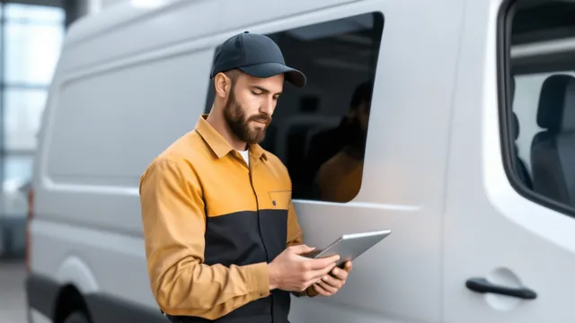A focused automotive fleet repair mechanic, wearing a uniform, stands beside a white unmarked euro-style van, holding a tablet where he's utilizing field service software to manage the work order.